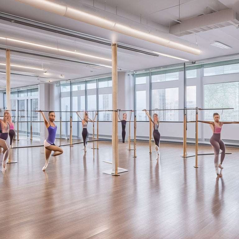 A bright, modern dance studio with mirrors, a polished wood floor, and a row of ballet barres. Several diverse, energetic instructors, each with a unique style, pose confidently, awaiting students.