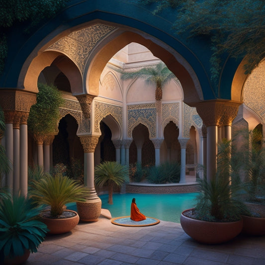 A whimsical illustration of a serene, moonlit Middle Eastern courtyard, surrounded by intricate Moorish arches, with a lone, flowing-veiled figure swaying to the rhythm of an invisible oud.