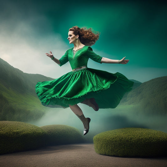 A dramatic, high-contrast illustration of a solo Irish dancer in mid-jump, wearing a flowing green dress and soft black shoes, set against a misty, emerald-green background with subtle Celtic knotwork patterns.