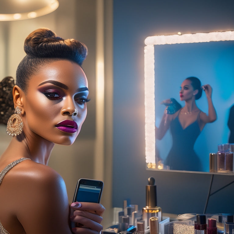 A spotlight shines on a jazz dancer in a studio, surrounded by mirrors and barres, with a smartphone displaying a makeup tutorial on its screen, amidst scattered makeup products and brushes.