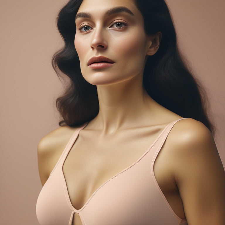 A minimalist illustration of a woman in a bodysuit, with a subtle hint of a bra underneath, set against a soft, pastel-colored background with gentle folds and creases.