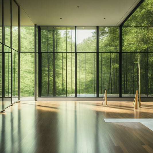 A vibrant, modern dance studio with mirrored walls, wooden floors, and a wall of floor-to-ceiling windows bathing the space in natural light, surrounded by lush greenery and minimal, sleek decor.