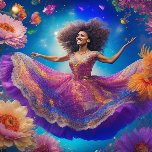 A whimsical illustration featuring a joyful dancer surrounded by swirling colors, musical notes, and glittering stars, amidst a background of vibrant, swirly patterns and delicate florals.