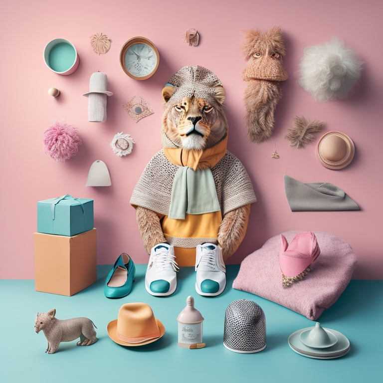 A minimalist, pastel-colored background with a stylized illustration of a lion's head, surrounded by scattered, arranged outfits and accessories, including hats, scarves, and shoes, in a playful, kid-friendly style.