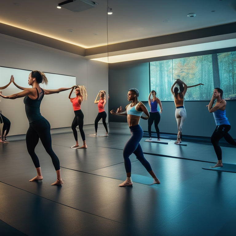 A modern, well-lit dance studio with a large screen displaying a virtual fitness class, surrounded by yoga mats, resistance bands, and a few students exercising while wearing virtual reality headsets.