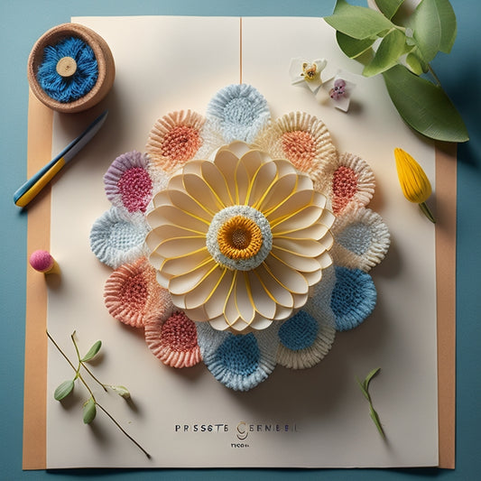 A minimalist illustration featuring a blooming flower made from intertwined threads of different colors and patterns, surrounded by eco-friendly symbols and a subtle grid of PDF pages in the background.