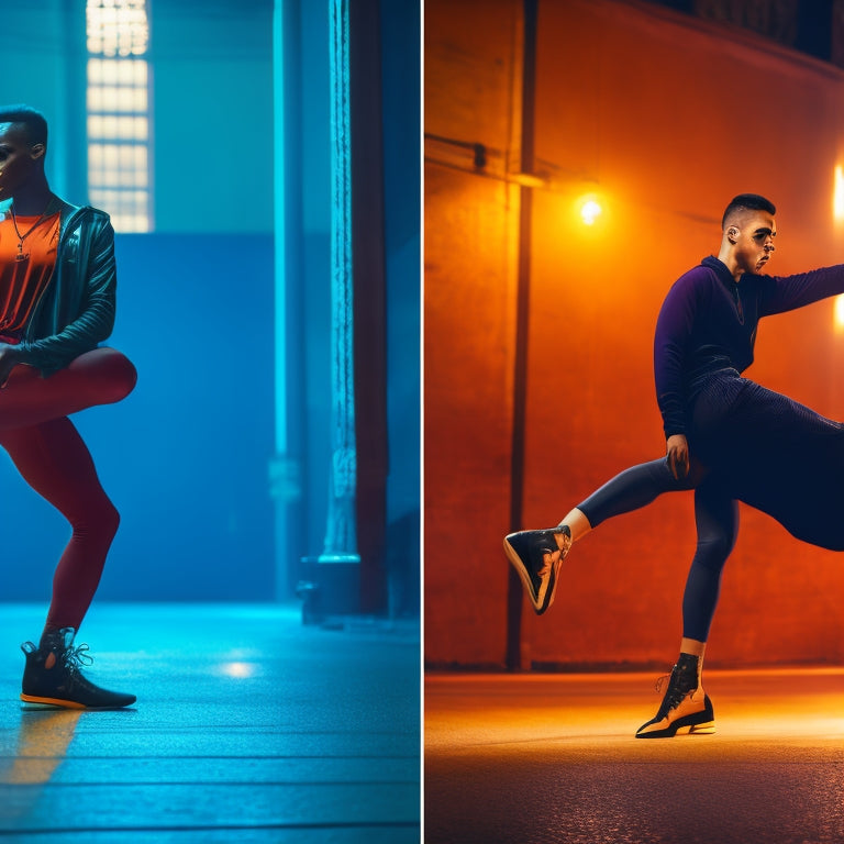 A split-screen image featuring a dancer wearing jazz shoes in a hip-hop pose on a dark, gritty urban background, contrasted with a pair of hip-hop sneakers on a smooth, wooden dance floor.