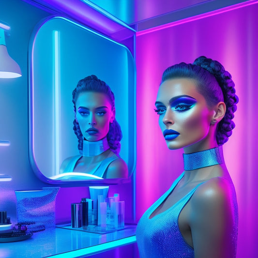 A futuristic beauty studio with sleek mirrors, neon lights, and holographic displays; a 3D avatar wearing various makeup looks, with virtual makeup brushes and tools floating around.