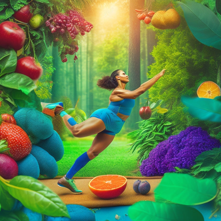 A vibrant, colorful illustration featuring a strong, flexed leg emerging from a lush green forest, surrounded by fruits, vegetables, and whole grains, with a subtle athletic track or yoga mat in the background.
