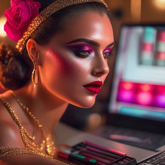 A close-up of a dancer's face, spotlight shining down, with intricate, shimmering eyeshadow and bold, red lipstick, surrounded by makeup brushes and a laptop displaying a virtual classroom.