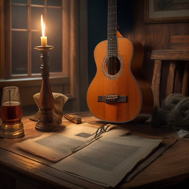 An acoustic guitar lies on a vintage-inspired, worn wooden table, surrounded by scattered music sheets, a few crumpled papers, and a single, lit candle, set against a warm, golden-brown background.