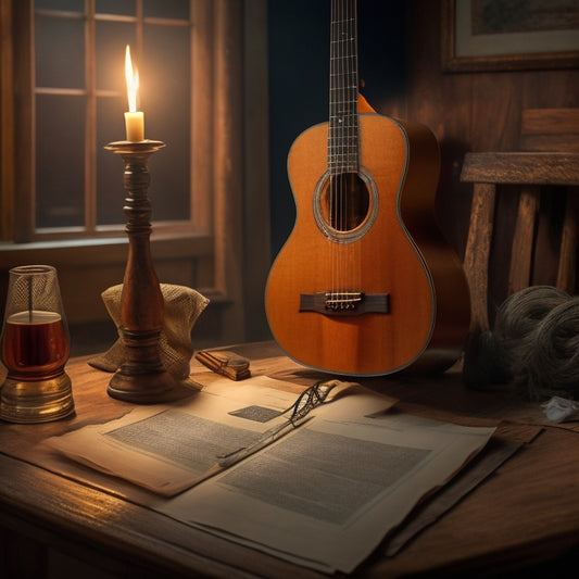 An acoustic guitar lies on a vintage-inspired, worn wooden table, surrounded by scattered music sheets, a few crumpled papers, and a single, lit candle, set against a warm, golden-brown background.