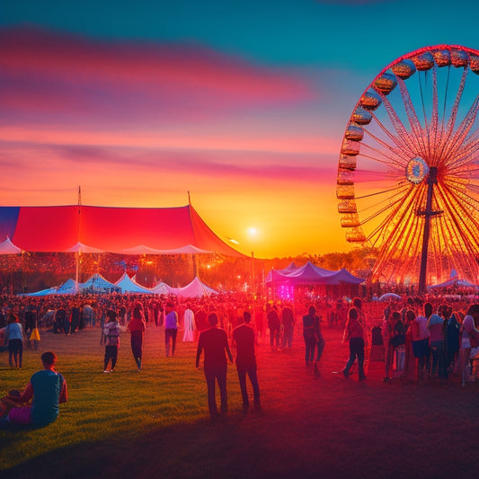 A vibrant outdoor festival scene at dusk, with a sprawling Ferris wheel, colorful tents, and a concert stage illuminated by spotlights, surrounded by a sea of people dancing and having fun.