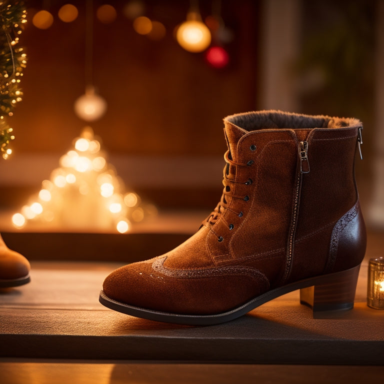 A close-up of luxurious suede dance boots resting on a polished wooden floor, soft lighting highlighting their rich texture, elegant stitching, and stylish design, surrounded by twinkling fairy lights for a cozy ambiance.