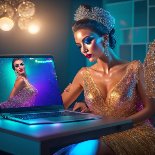 A glamorous dancer in a sparkling costume, surrounded by makeup brushes and palettes, sits in front of a laptop with a tutorial playing, with a mirror reflecting a flawless, stage-ready face.