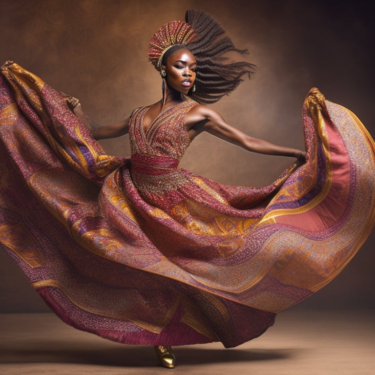 A vibrant, dynamic image featuring a strong, confident dancer in mid-motion, surrounded by swirling patterns of African and indigenous-inspired fabrics, with bold, earthy tones and accents of shimmering gold.