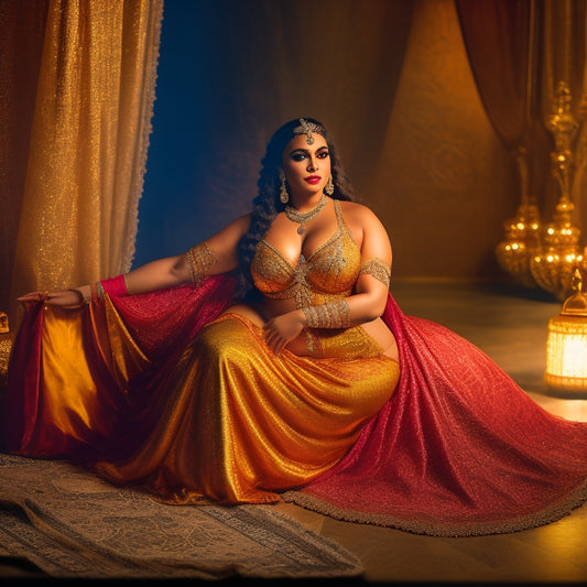A serene, dimly lit studio with a warm, golden glow, featuring a beautiful, curvy woman in a flowing, jewel-toned costume, poised in a elegant, sensual belly dance pose, surrounded by veils and Middle Eastern-inspired fabrics.