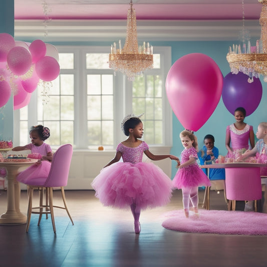 A whimsical illustration of a colorful ballerina-themed party scene, featuring a giant pink tutu-adorned balloon arch, a sparkling chandelier, and children playing with ballet-themed party games and props.