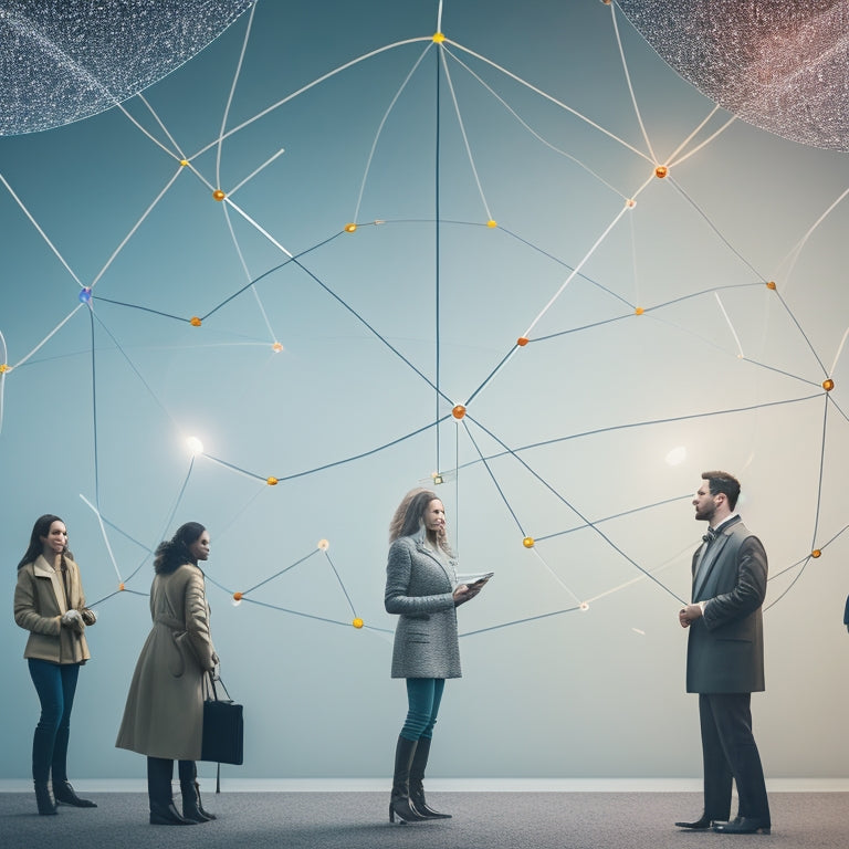 A minimalist illustration featuring a person in the center, surrounded by interconnected circles representing social media platforms, with subtle glowing lines and nodes symbolizing seamless connections and effortless management.