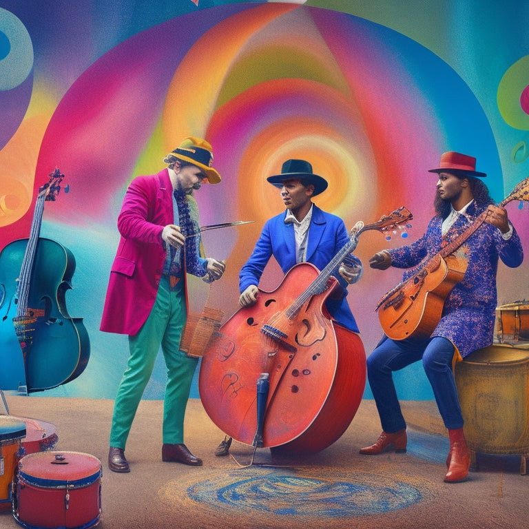 A whimsical illustration of two artists, one painter and one musician, standing back-to-back, surrounded by swirling colors and musical notes, each contributing to a shared canvas of artistic expression.