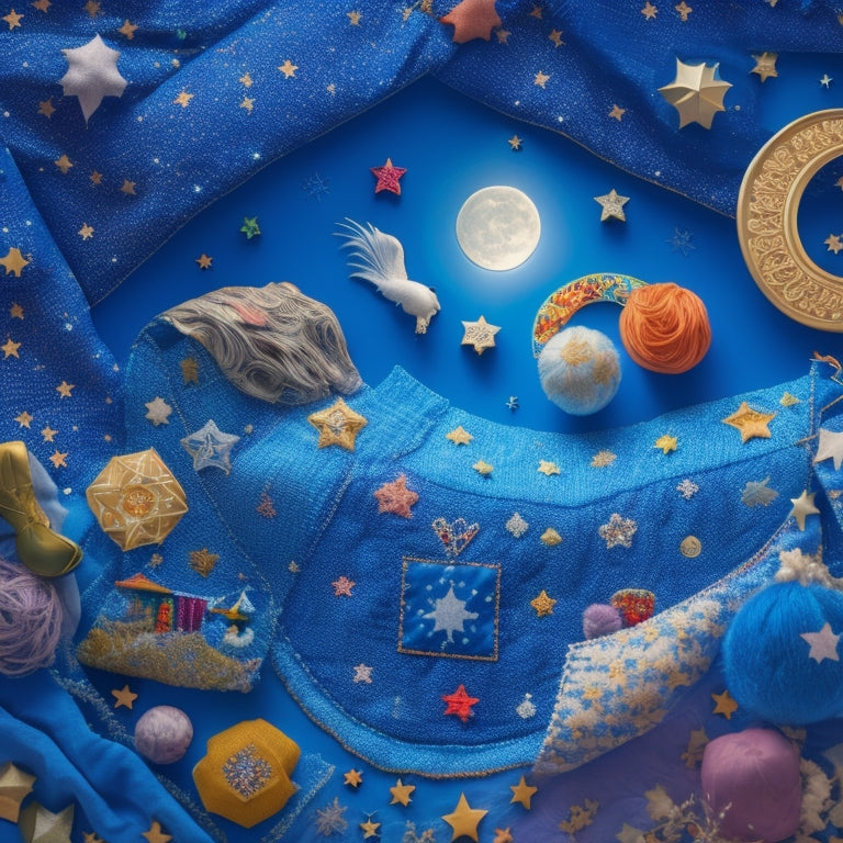 A whimsical illustration of a quilting world filled with dancing diamonds, surrounded by swirling fabric scraps, colorful threads, and shimmering stars, set against a soft, moonlit blue background.