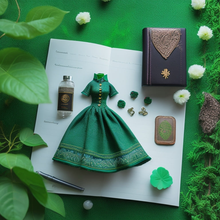 A whimsical illustration featuring a traditional Irish dance dress, a miniature notebook, and a few scattered shamrocks, set against a soft, mossy green background with subtle Celtic knot patterns.