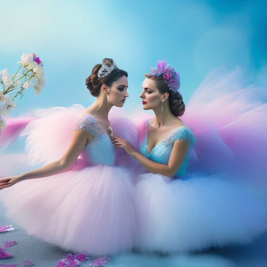 Delicate, whimsical ballerinas in soft focus, surrounded by pastel-hued mist, flowers, and feathers, set against a dreamy, gradient-blue background with subtle sparkle and shimmer effects.