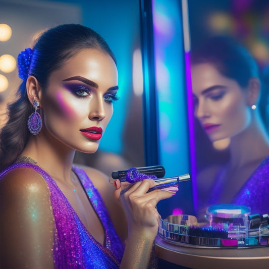 A bright, colorful illustration of a young woman in a dance studio, surrounded by makeup brushes, eyeshadows, and mirrors, with a subtle sparkle and shine effect on her face and outfit.