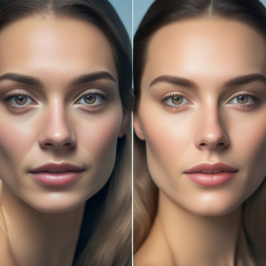 A split-screen image featuring a before-and-after comparison: a bare-faced individual on the left, and the same person on the right with natural, enhanced features and a subtle, everyday makeup look.