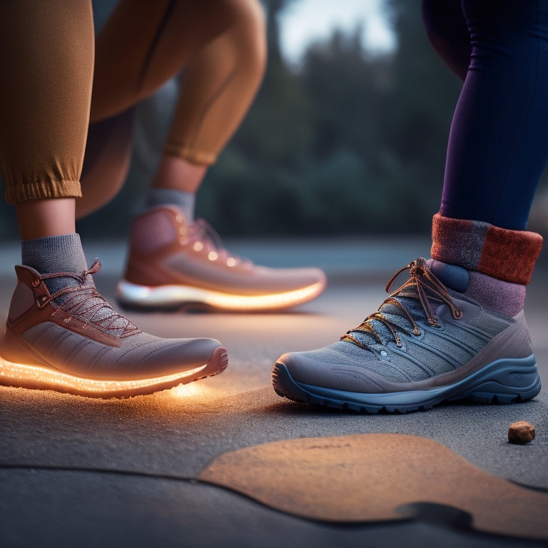 An illustration of a pair of ankles surrounded by a subtle, glowing aura, with subtle hints of a running track, hiking boots, and a yoga mat in the background, symbolizing protection and wellness.