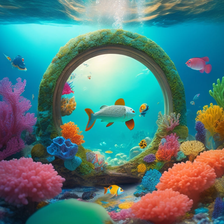 A whimsical underwater scene: Cradily, a Pokémon, spins and twirls amidst a school of sparkling fish, surrounded by coral and seaweed, with a sunken ship's wheel and treasure chest in the background.