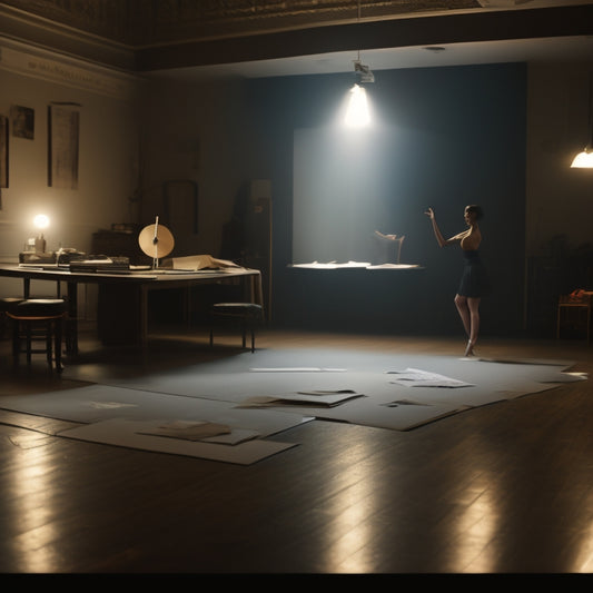 A serene, dimly lit dance studio with a lone dancer in the center, surrounded by scattered papers with scribbled notes and arrows, with a subtle glow emanating from a tablet on the floor.