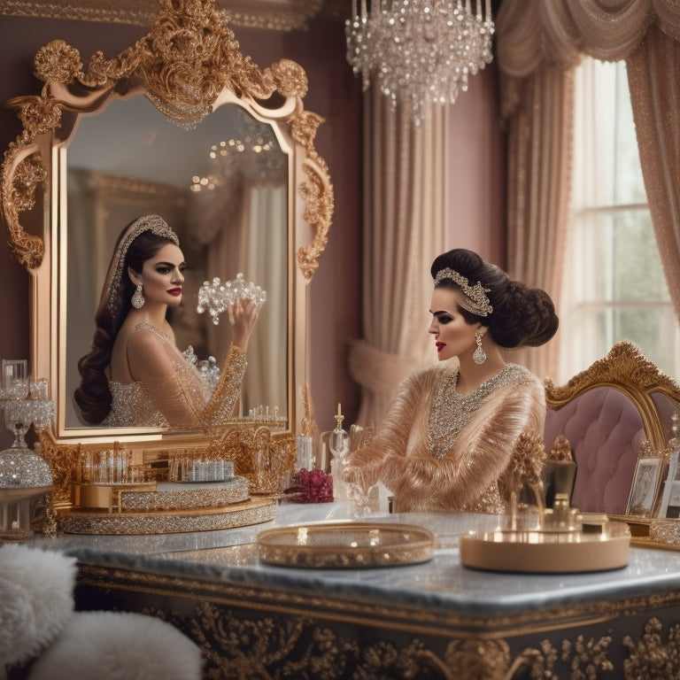 A luxurious, golden-hued backdrop with a velvet drapery, adorned with crystal chandeliers, surrounded by ornate, rose-gold makeup stations, and a stunning, diamond-encrusted vanity mirror.