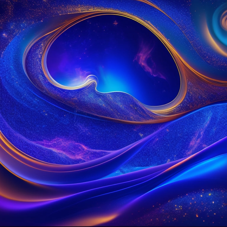 A mesmerizing abstract composition featuring swirling shapes in shades of deep blues and purples, intertwined with golden threads, set against a dark, starry night sky background.