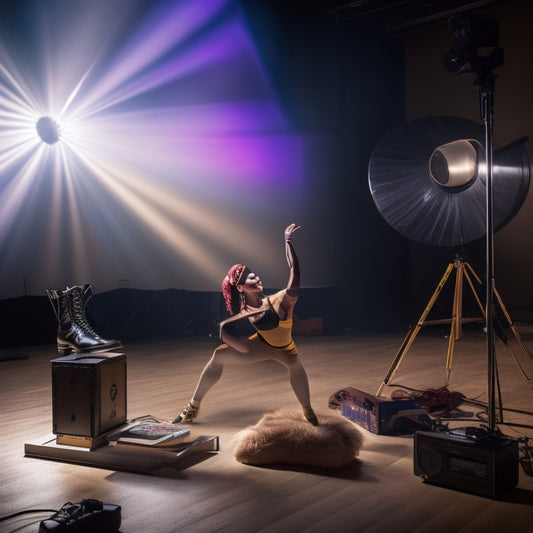 A spotlight shines on a dancer in mid-pose, surrounded by props: a metronome, dance shoes, a mirror, and a laptop with a choreography software open, amidst a blurred background of a dimly lit stage.