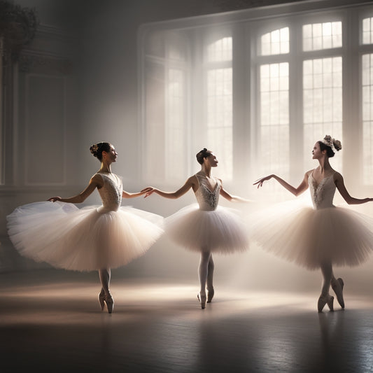 A serene, misty ballet studio with three dancers in flowing white tutus, ethereal lighting, and delicate shadows, capturing the elegance and beauty of ballet in a dreamlike atmosphere.