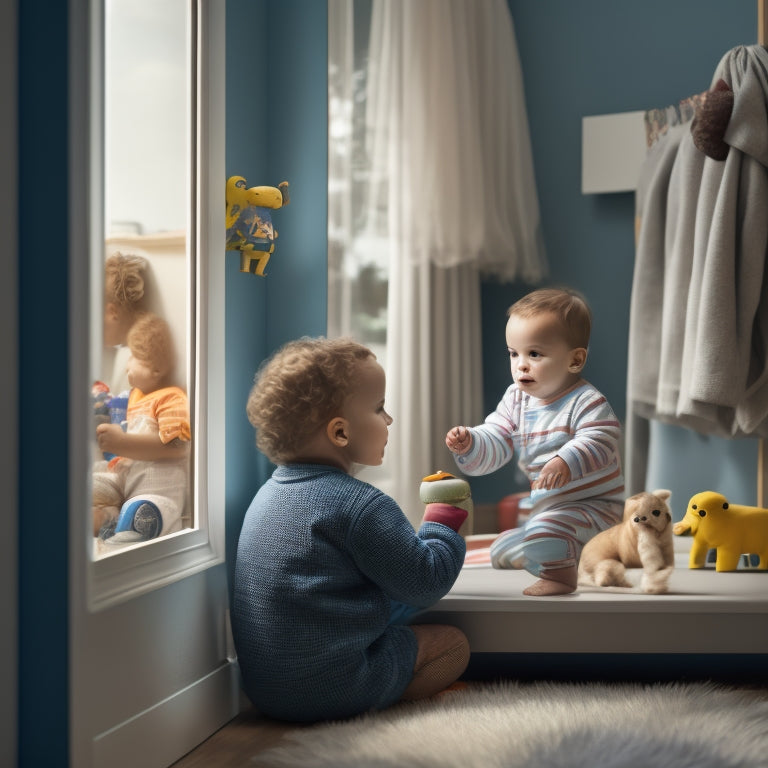 A serene nursery with a securely attached, rounded-edge mirror hung at a safe height, featuring a toddler in a bright onesie playing with toys in the reflection.