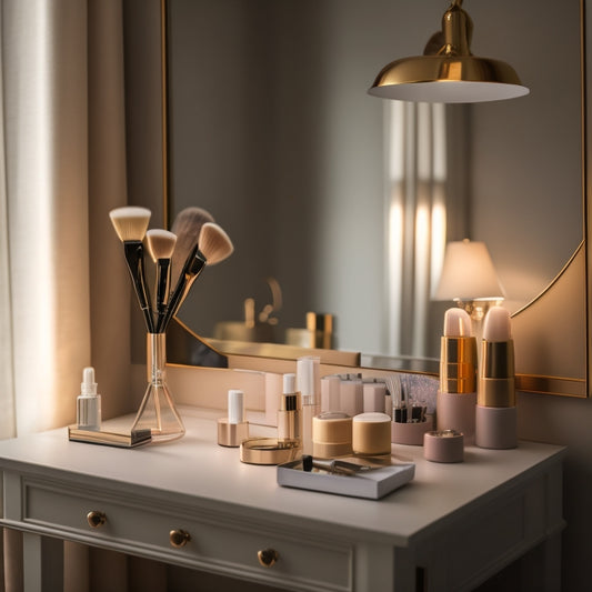 A soft, natural light-illuminated makeup station with a sleek, modern mirror, surrounded by Jones Road products and brushes, with a subtle, earthy tone color palette and minimal, elegant decor.