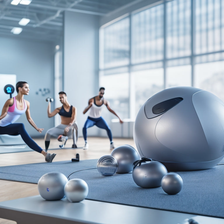 A futuristic, minimalistic VR headset rests on a sleek, silver exercise ball, surrounded by virtual fitness avatars in various exercise poses, amidst a blurred background of a modern gym.