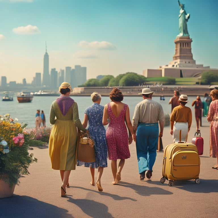 A vibrant, sun-kissed landscape with the Statue of Liberty in the distance, surrounded by diverse people of all ages, cultures, and abilities, walking towards the horizon, carrying suitcases and flowers.