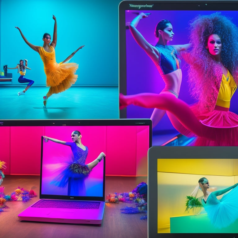 A vibrant, modern dance studio with a laptop and smartphone displaying a dance tutorial on screens, surrounded by mirrors, ballet bars, and a few dancers in various poses, with colorful makeup and costumes.