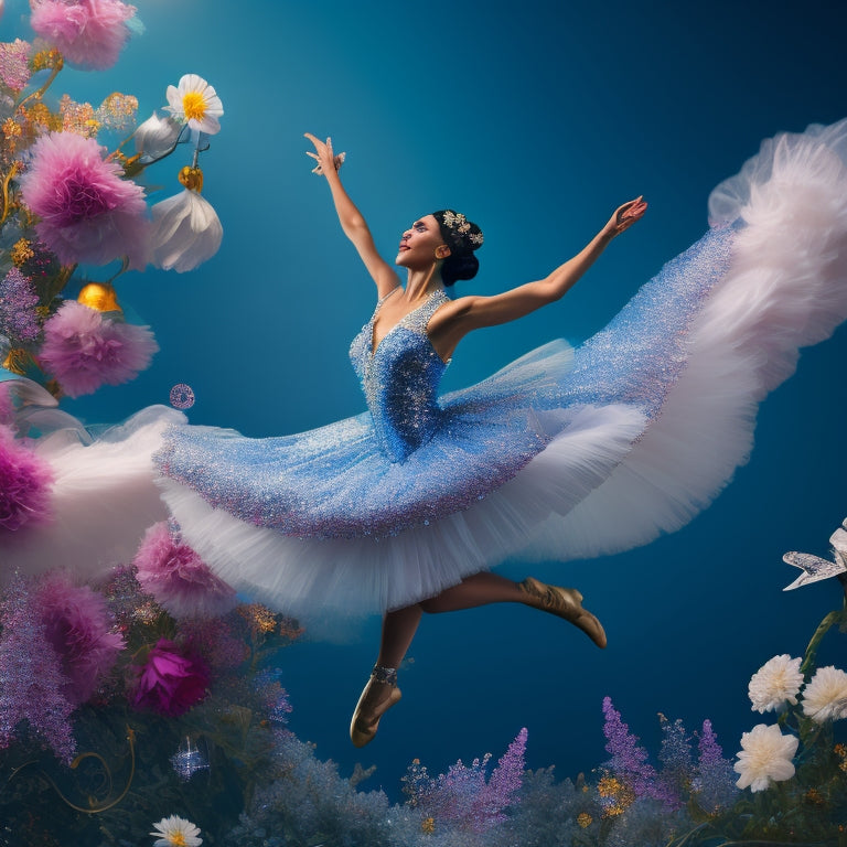 A whimsical illustration of a dancer in mid-air, surrounded by swirling musical notes, flowers, and ribbons, set against a soft, gradient blue background with subtle sparkle effects.