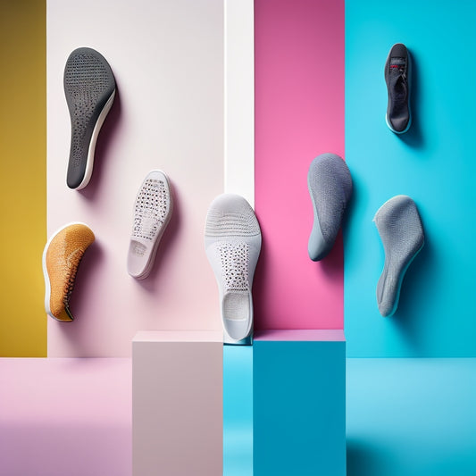 An image featuring 5-7 pairs of orthotics shoes in various styles and colors, arranged on a gradient background with subtle footprints, with a faint outline of a human foot in the center.