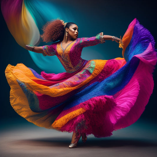 A solo dancer in bold, vibrant attire, surrounded by swirling shapes and colors, with abstract brushstrokes and dynamic lines, conveying energy and movement in a blurred, dreamlike atmosphere.