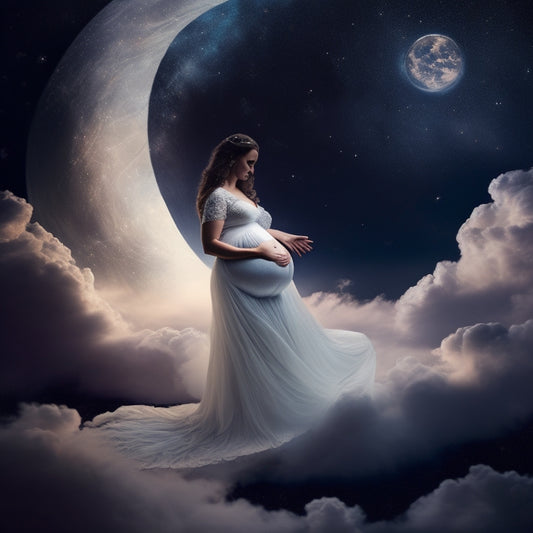 A serene, ethereal illustration of a pregnant woman surrounded by gentle, swirling clouds, her hands cradling her belly, with subtle, shimmering stars and a crescent moon in the background.