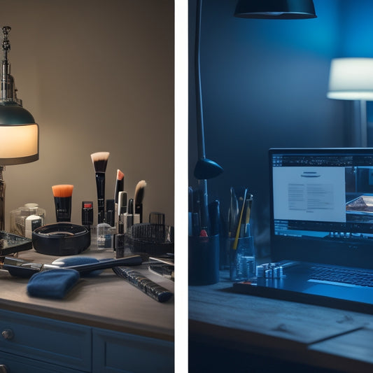 A split-screen image featuring a dimly lit, cluttered makeup station with scattered brushes and products on one side, and a tidy, organized digital workspace with a laptop and online course tabs open on the other.