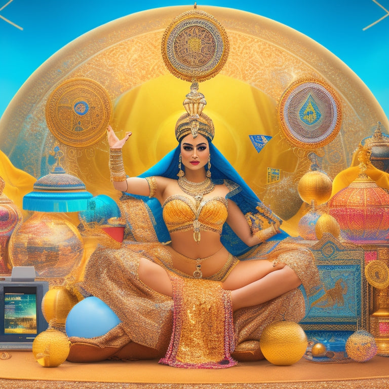 A whimsical illustration featuring a belly dancer surrounded by various digital devices, with calendar icons and scheduling symbols orbiting around her, set against a warm, golden background with intricate Middle Eastern patterns.