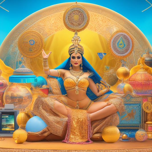 A whimsical illustration featuring a belly dancer surrounded by various digital devices, with calendar icons and scheduling symbols orbiting around her, set against a warm, golden background with intricate Middle Eastern patterns.