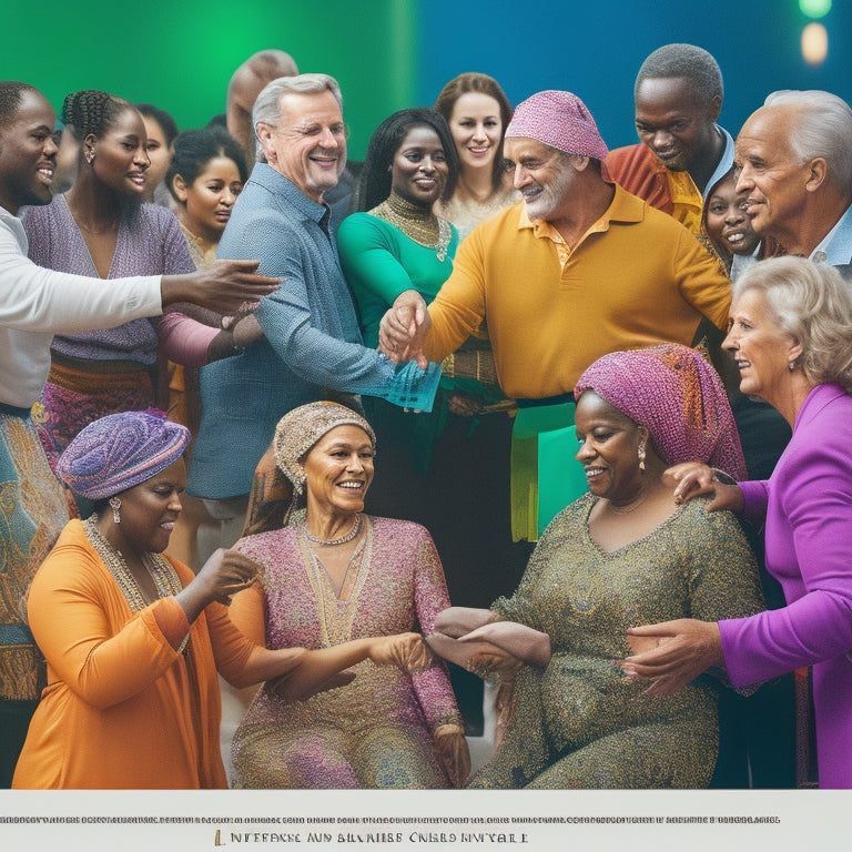 A vibrant, dynamic illustration featuring a diverse group of people from different cultures and ages dancing together in a circle, surrounded by laptops and tablets playing dance instruction videos.