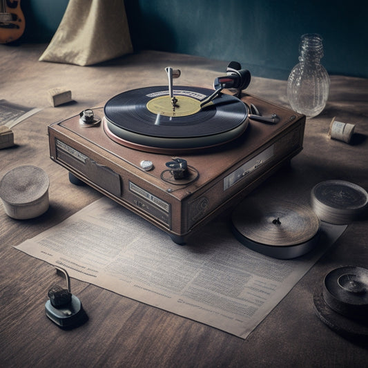 Generate an image depicting a vintage record player surrounded by scattered newspaper clippings, with a vinyl record lying open, displaying a needle hovering above the grooves, and a subtle, shimmering aura evoking David Bowie's iconic style.